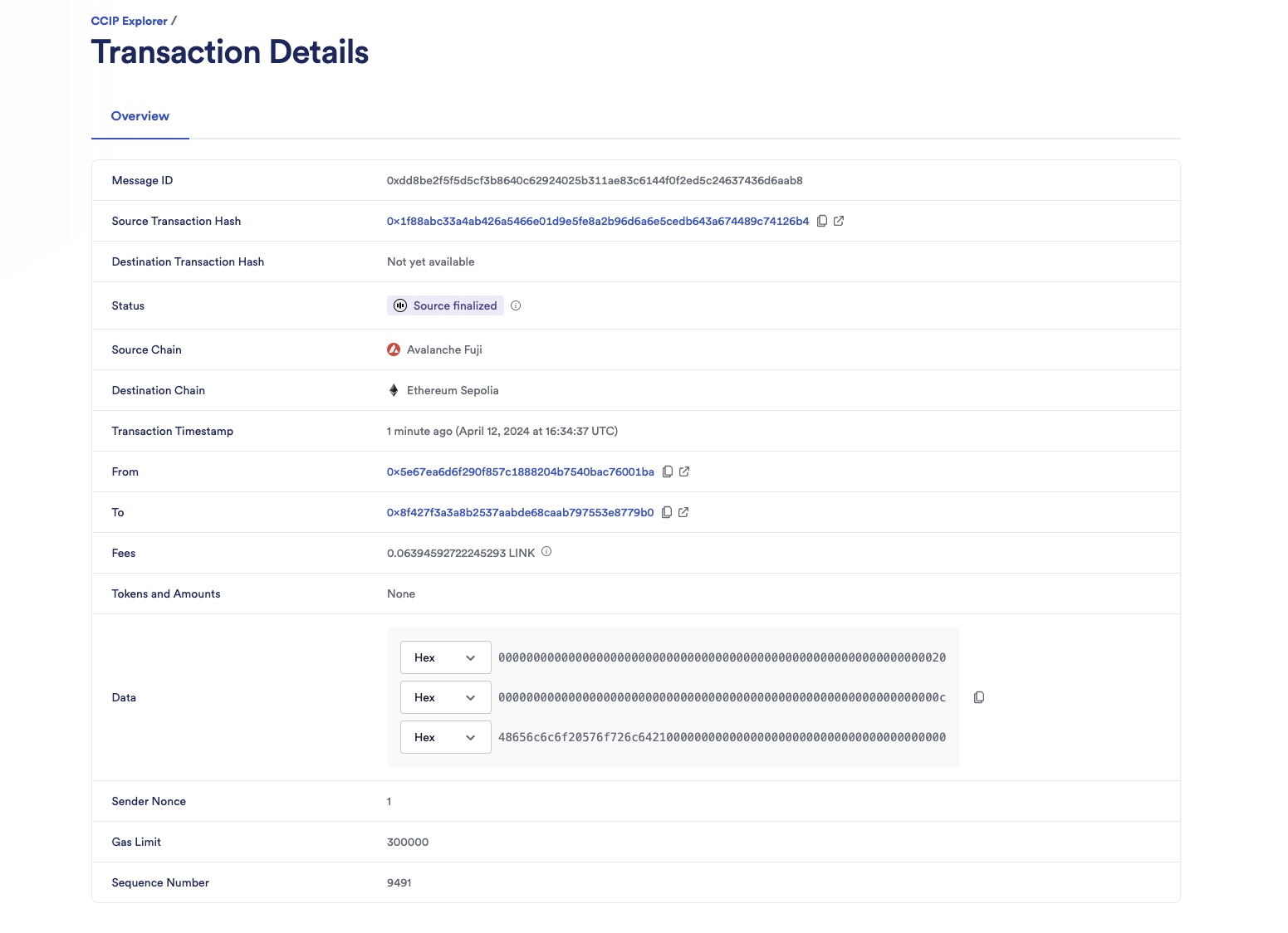 Chainlink CCIP Explorer - Fuji to Sepolia Transaction Details